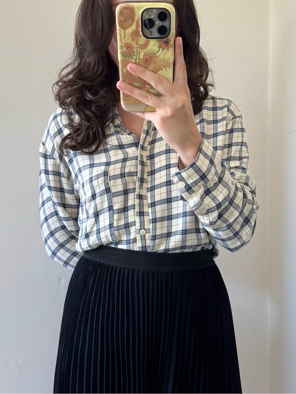 Soft Cream and Navy Plaid Grid Button-Up Shirt